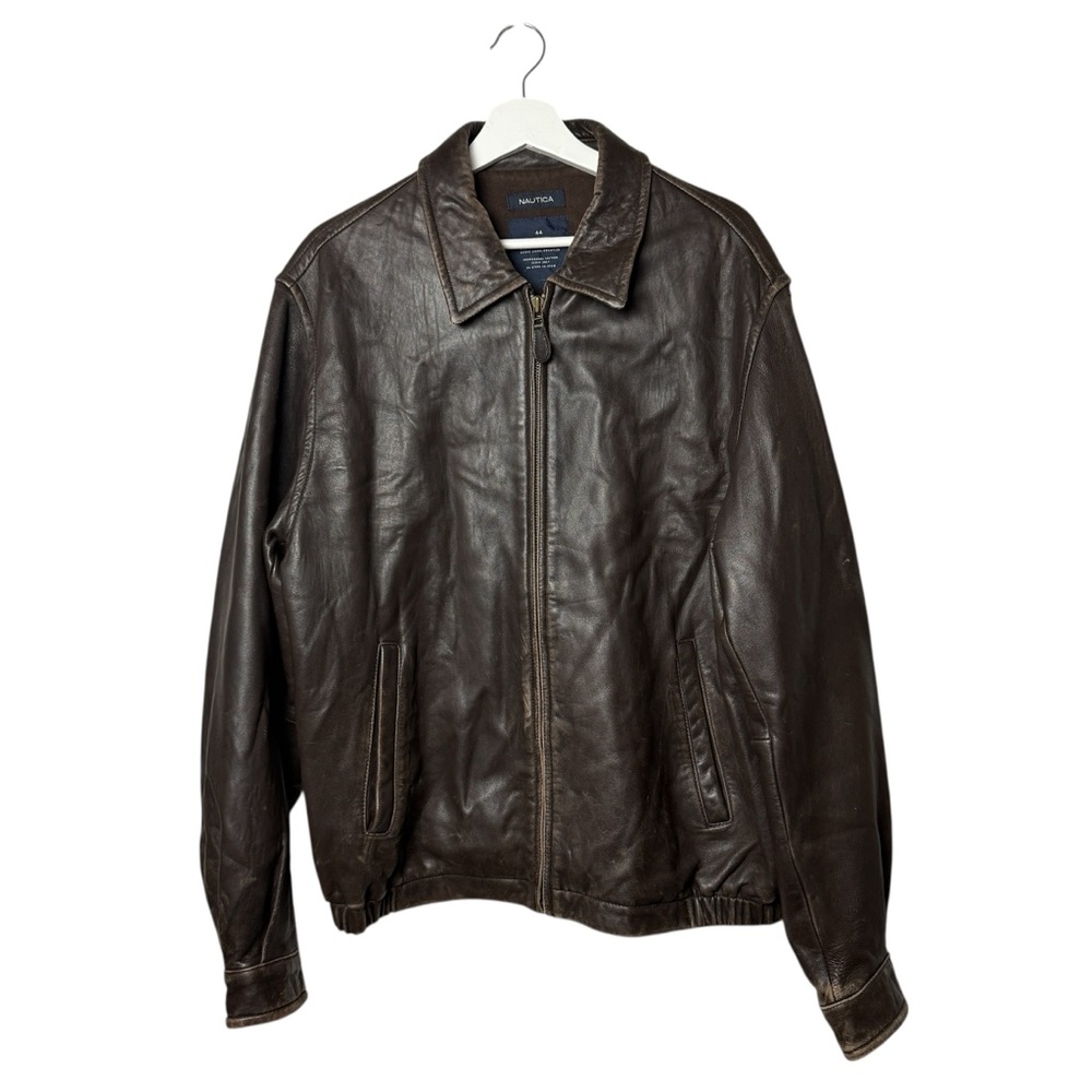 Nautica Brown Leather Bomber Jacket Women XL Men 44 R Classic Timeless Spring